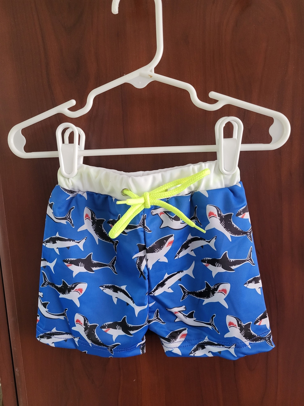 Kids Blue Shark Swim Trunks with Neon Drawstring